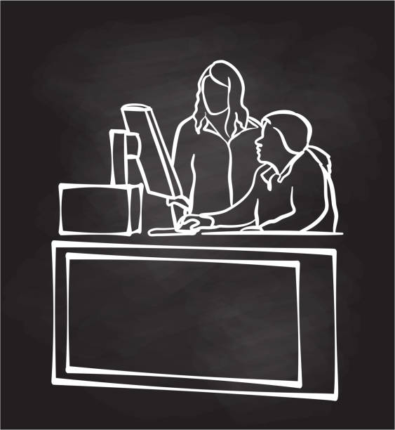 Job Training Computer Chalkboard Young woman receiving training advice at work while sitting at a computer drawing of the hotel reception stock illustrations