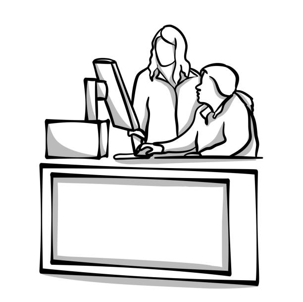 Job Training Computer Young woman receiving training advice at work while sitting at a computer drawing of the hotel reception stock illustrations