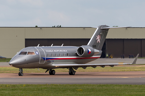 RAF Fairford, Gloucestershire, UK - July 9, 2014: Czech Air Force Canadair Challenger 601-3A VIP aircraft taxiing at RAF Fairford.