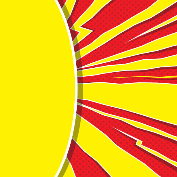 istock Speech bubble like yellow sun on red background. Pop art. Super heroic speed lines with explosion effect. Retro empty mockup for comic book and manga. Vector bright dynamic cartoon illustration 1227474290