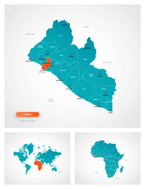 ilustrações, clipart, desenhos animados e ícones de modelo editável do mapa da libéria com marcas. libéria no mapa do mundo e no mapa da áfrica. - liberia