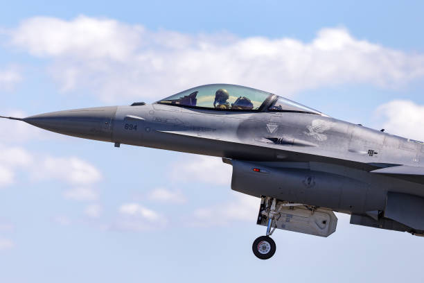 United Staes Air Force (USAF) Lockheed F-16CJ Fighting Falcon 90-0824 from the 14th Fighter Squadron, 35th Fighter Wing at Misawa Air Base, Japan taking off from Avalon Airport. Avalon, Australia - February 22, 2013: United Staes Air Force (USAF) Lockheed F-16CJ Fighting Falcon 90-0824 from the 14th Fighter Squadron, 35th Fighter Wing at Misawa Air Base, Japan taking off from Avalon Airport. misawa japan stock pictures, royalty-free photos & images