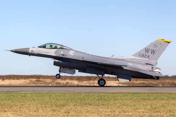 United Staes Air Force (USAF) Lockheed F-16CJ Fighting Falcon 90-0824 from the 14th Fighter Squadron, 35th Fighter Wing at Misawa Air Base, Japan landing at Avalon Airport. Avalon, Australia - March 3, 2013: United Staes Air Force (USAF) Lockheed F-16CJ Fighting Falcon 90-0824 from the 14th Fighter Squadron, 35th Fighter Wing at Misawa Air Base, Japan landing at Avalon Airport. misawa japan stock pictures, royalty-free photos & images
