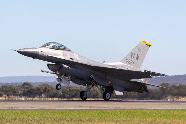 United Staes Air Force (USAF) Lockheed F-16CJ Fighting Falcon 90-0824 from the 14th Fighter Squadron, 35th Fighter Wing at Misawa Air Base, Japan landing at Avalon Airport. Avalon, Australia - March 3, 2013: United Staes Air Force (USAF) Lockheed F-16CJ Fighting Falcon 90-0824 from the 14th Fighter Squadron, 35th Fighter Wing at Misawa Air Base, Japan landing at Avalon Airport. misawa japan stock pictures, royalty-free photos & images