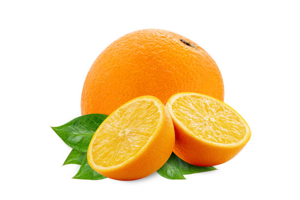 istock Natural orange fruit with cut in half and green leaves isolated on white background. 1227477594