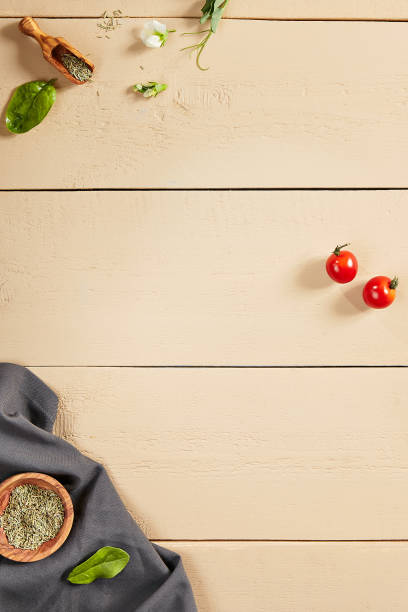 istock Flavoring and napkin on wooden table top view 1227478162