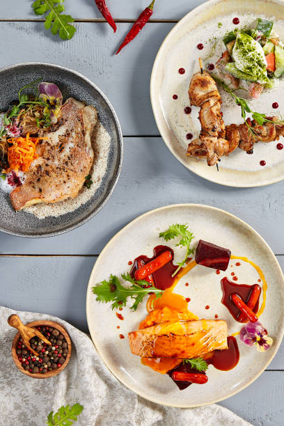 istock Hot meals in ceramic plates top view 1227478166