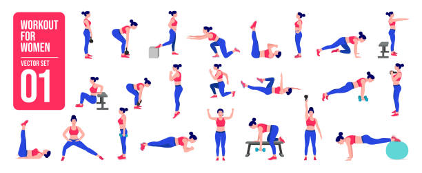 Workout girl set. Woman doing fitness and yoga exercises. Lunges and squats, plank and abc. Full body workout. Workout girl set. Woman doing fitness and yoga exercises. Lunges and squats, plank and abc. Full body workout. health club illustrations stock illustrations