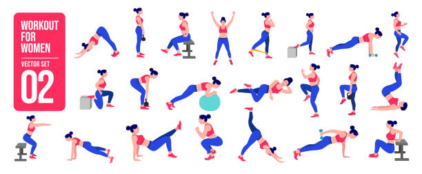 ilustrações de stock, clip art, desenhos animados e ícones de workout girl set. woman doing fitness and yoga exercises. lunges and squats, plank and abc. full body workout. - athlete muscular build yoga female