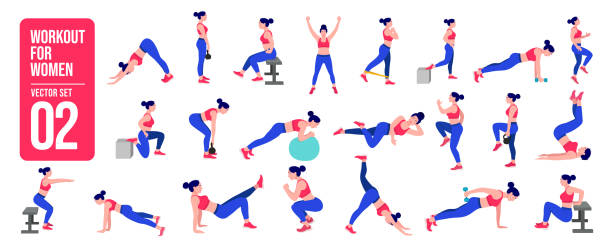 Workout girl set. Woman doing fitness and yoga exercises. Lunges and squats, plank and abc. Full body workout. Workout girl set. Woman doing fitness and yoga exercises. Lunges and squats, plank and abc. Full body workout. india train stock illustrations