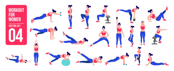 ilustrações de stock, clip art, desenhos animados e ícones de workout girl set. woman doing fitness and yoga exercises. lunges and squats, plank and abc. full body workout. - athlete muscular build yoga female