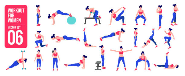 Workout girl set. Woman doing fitness and yoga exercises. Lunges and squats, plank and abc. Full body workout. Workout girl set. Woman doing fitness and yoga exercises. Lunges and squats, plank and abc. Full body workout. india train stock illustrations