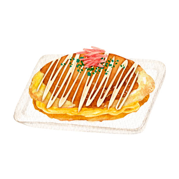 illustrazioni stock, clip art, cartoni animati e icone di tendenza di okonomiyaki giapponese salato pancake bancarelle di cibo in un festival - okonomiyaki