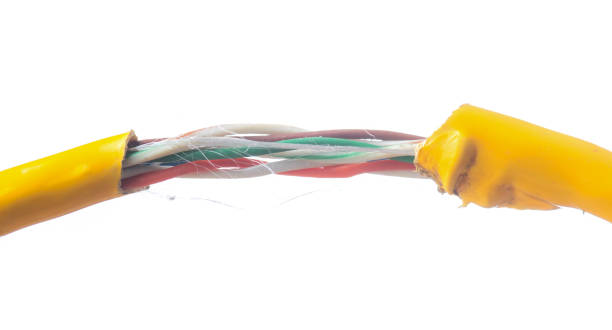 istock Damage to the cable network with torn wire on white background 1227479767