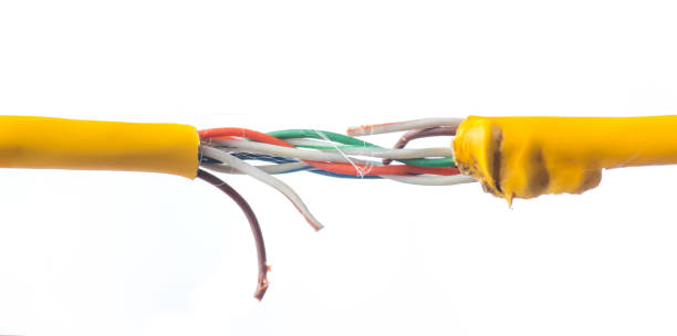 istock Damage to the cable network with torn wire on white background 1227479796