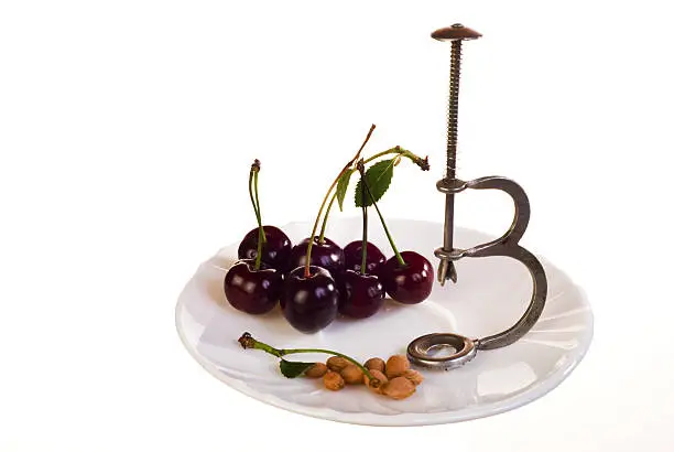 Cherries, cherry pits and pitter on the plate