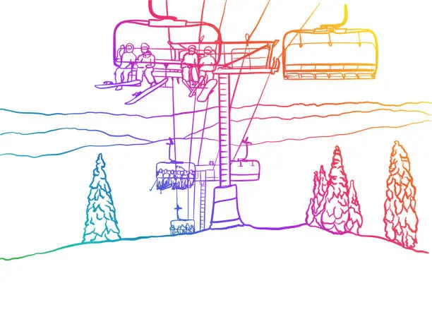 Vector illustration of Ski Hill Chairlift Mountain Top Rainbow