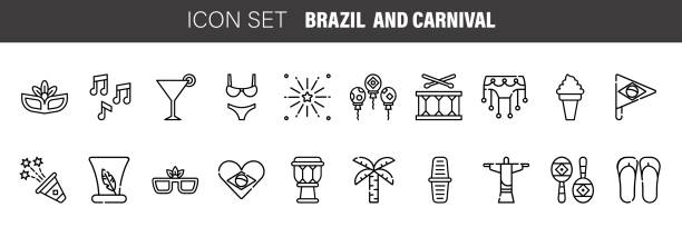 ilustrações, clipart, desenhos animados e ícones de ícones do país do brasil definidos. conjunto de contornos de ícones vetoriais do carnaval do brasil para web design isolados em fundo branco - rio de janeiro