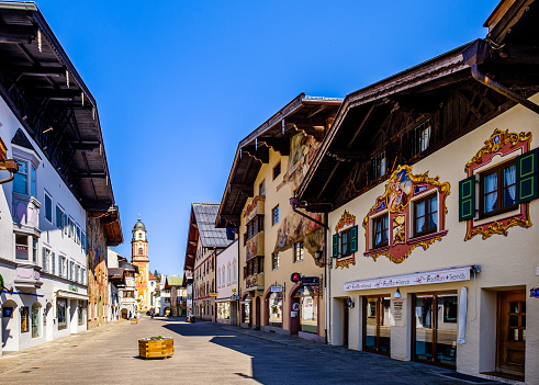 Mittenwald, Germany - April 7: famous old town with historic buildings in Mittenwald on April 7, 2020