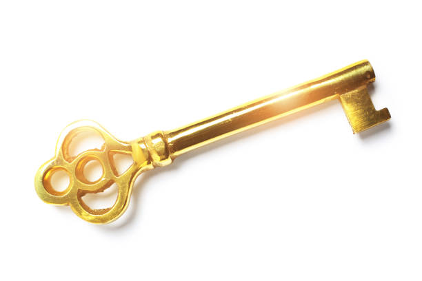 Golden Skeleton Key on White Background.