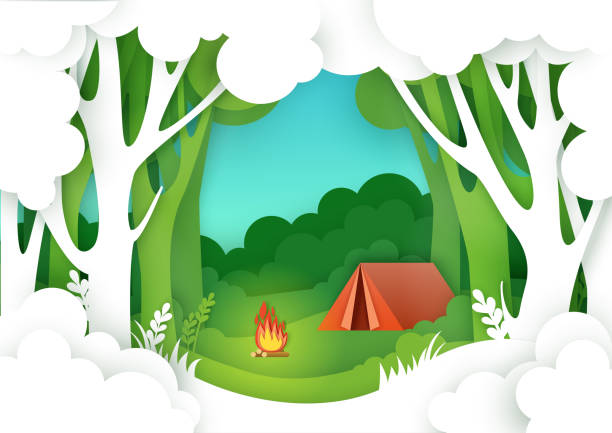 illustrations, cliparts, dessins animés et icônes de camping d’été en forêt, illustration vectorielle dans le style d’art de papier - eco tourism