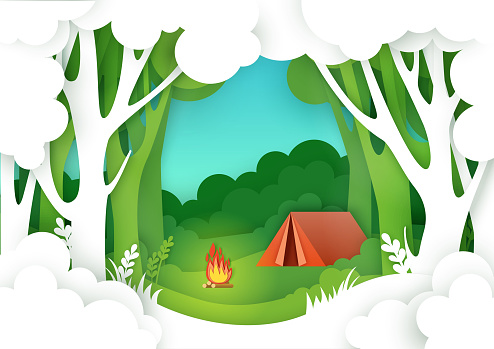 istock Summer camping in forest, vector illustration in paper art style 1227492500
