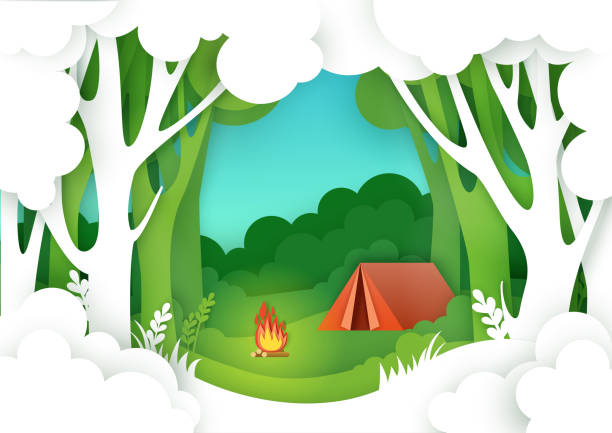 Summer camping in forest, vector illustration in paper art style Summer camping in forest, vector illustration in paper art style. Tourist tent and campfire on forest glade. Hiking, trekking, summer vacation poster, banner template. hiking backgrounds stock illustrations