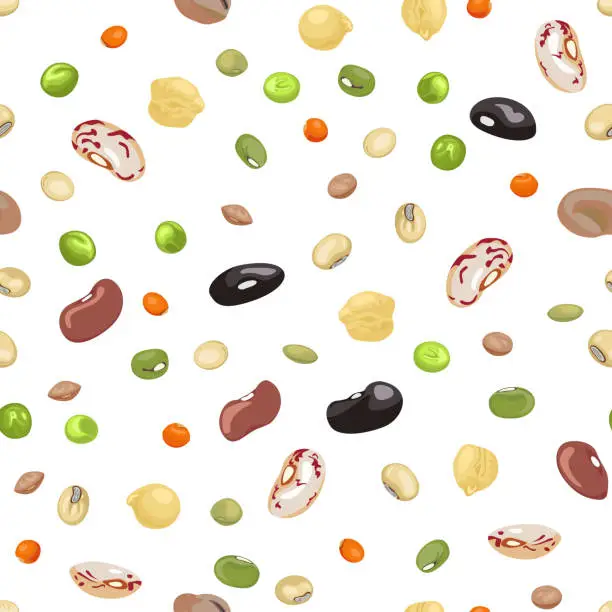 Vector illustration of Beans and legumes seamless pattern. Vector illustration of beans, green peas, chickpeas, mung bean, soybeans  and lentils in cartoon flat style. Organic healthy food background.