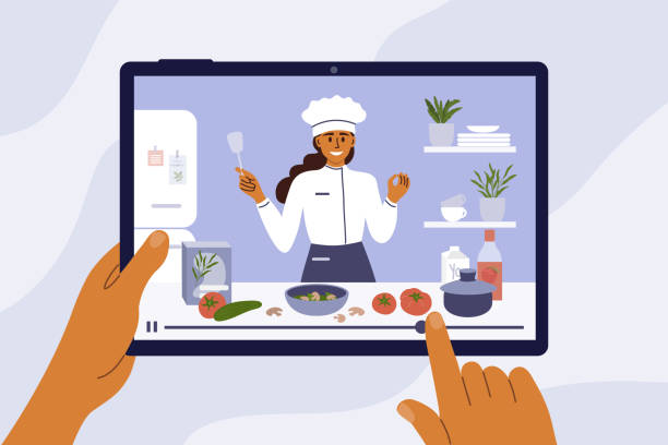 Hands holding digital tablet with young chef woman on screen preparing healthy food in kitchen Culinary video broadcast, channel or blog with cooking online class. Young chef woman preparing healthy food in kitchen. Hands holding digital tablet with girl blogger on screen. Vector illustration. cooking show stock illustrations