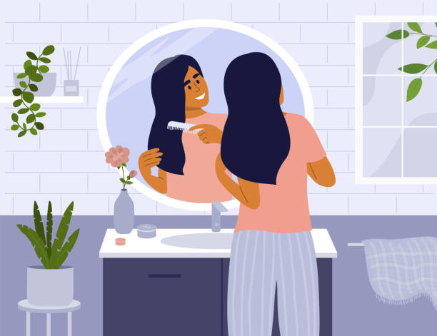 Daily morning routine concept with cute girl in bathroom combing hair Daily morning routine. Cute girl standing in front of bathroom mirror combing hair. Woman making hairstyle by comb. Beauty care. Smiling lady looking at her reflection. Lifestyle vector illustration. woman mirror stock illustrations