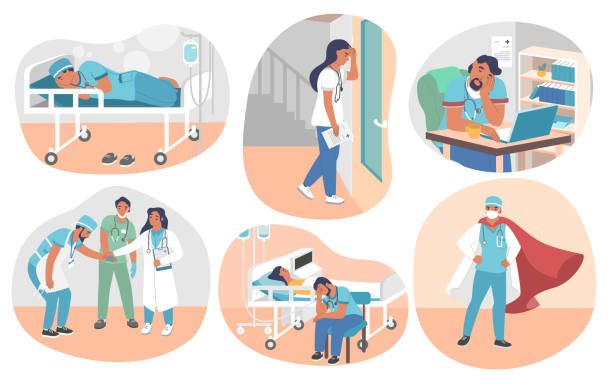 Tired overworked doctors, vector flat isolated illustration Tired overworked doctors, nurses, paramedics, vector flat isolated illustration. Exhausted healthcare professionals become doctors superheroes saving human lives fighting coronavirus Covid-19 disease. mental burnout stock illustrations