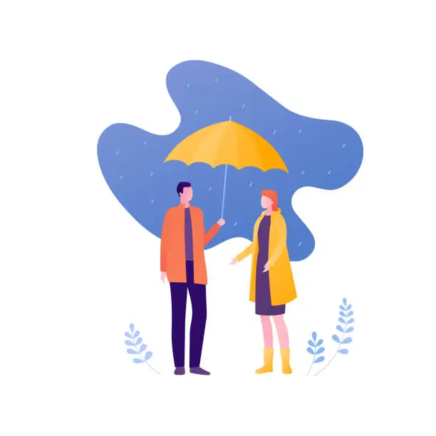 Vector illustration of Season people character concept. Spring or autumn. Vector flat person illustration. Male and female in casual cloth stand rainy outdoor with umbrella. Design element for banner, infographic, web