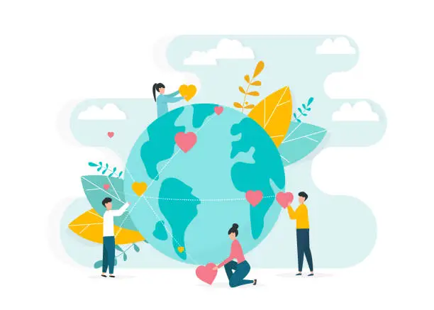Vector illustration of Worldwide charity work. People surrounding planet Earth with love and care, vector illustration in flat style