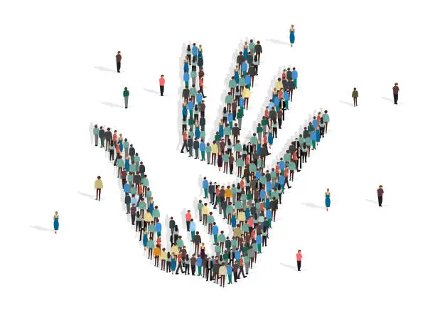 Vector illustration of Charitable work. Adult and child hands made from people crowd on white background, vector illustration in flat style