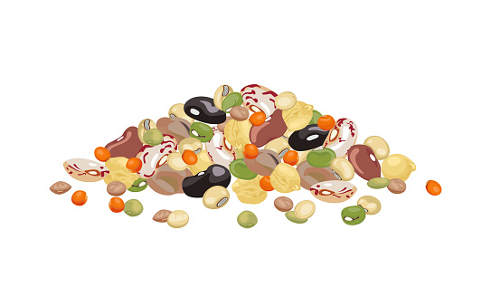 Heap of different beans and legumes isolated on white background.
Pile of bean, green pea, chickpea, mung bean, soybean and lentil. Vector illustration of organic healthy food in cartoon flat style.