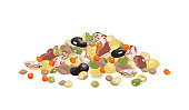 Heap of different beans and legumes isolated on white background. Pile of bean, green pea, chickpea, mung bean, soybean and lentil. Vector illustration of organic healthy food in cartoon flat style.