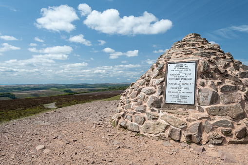 Dunkery.Somerset.United Kingdom.May 16th 2020.View of the plaque at the summit of Dunkery Hill in Somerset
