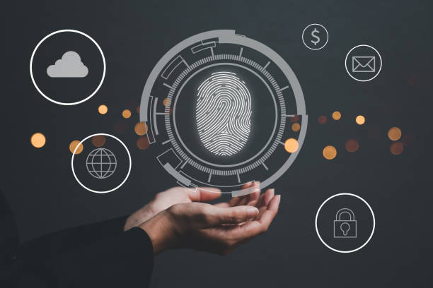istock concept of fingerprint and information security on digital screen. 1227497100