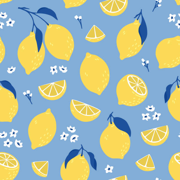 ilustraciones, imágenes clip art, dibujos animados e iconos de stock de patrón tropical sin costuras con limones amarillos. estampado de verano con cítricos, rodajas de limones, frutas frescas y flores en estilo dibujado a mano. colorido fondo vectorial. - lemon backgrounds fruit textured