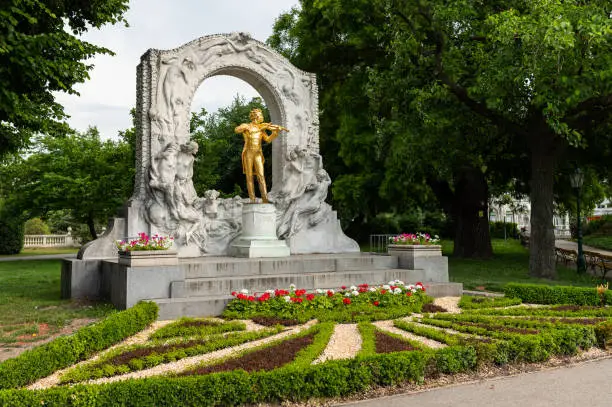 The monument of Johann Strauss in Vienna, cloudy day in spring