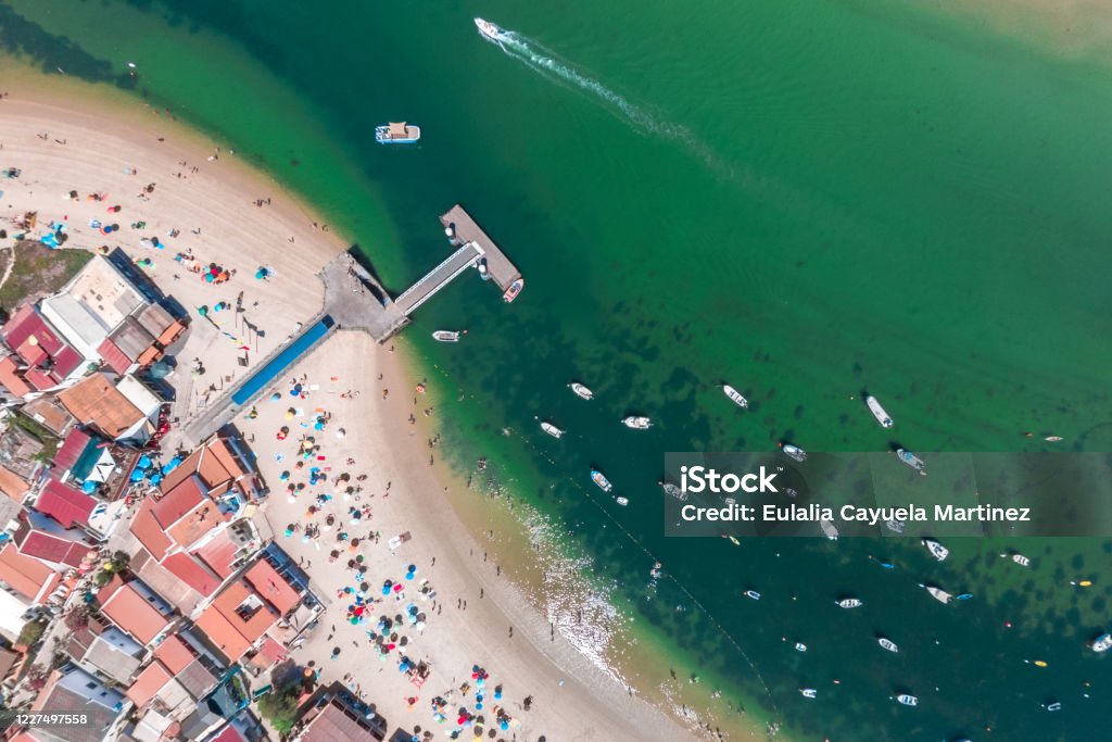 Aerial view of Armona Island, Ria Formosa, Algarve, Portugal. Drone view. Aerial View Stock Photo