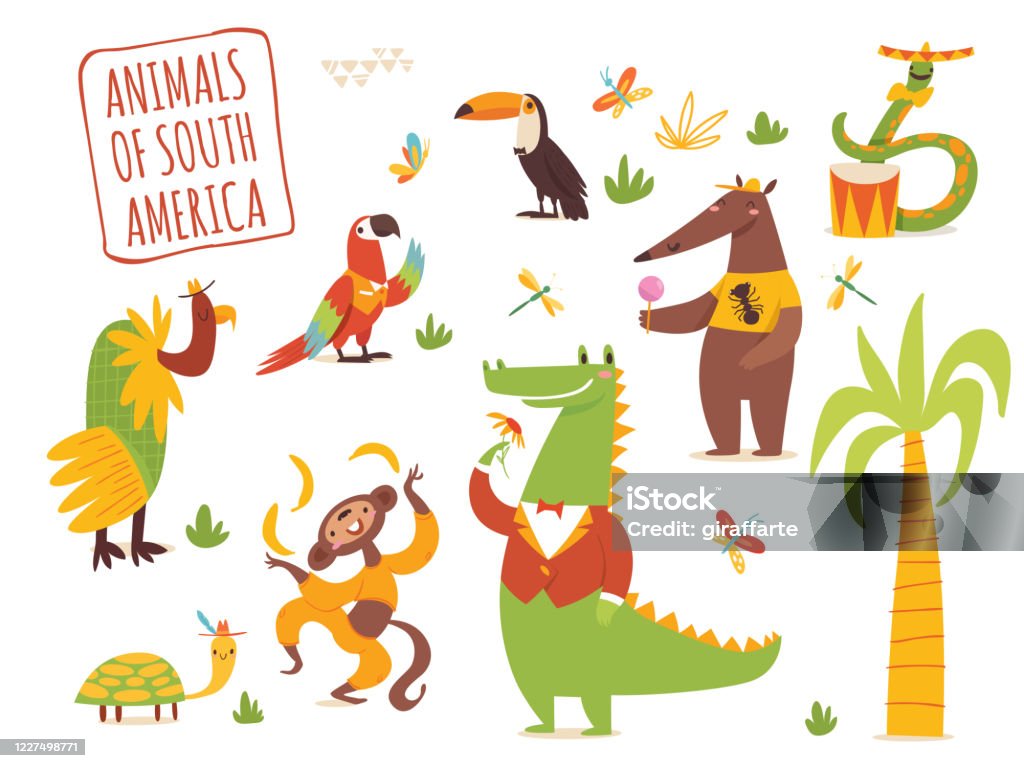 Vector Set Of Funny Cartoon Hand Drawn Tropical Animals Of South America  Stock Illustration - Download Image Now - iStock