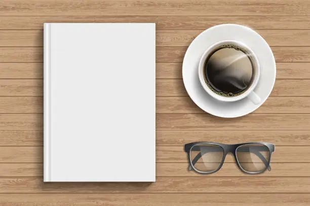 Vector illustration of Book template with white blank cover on a wooden table.