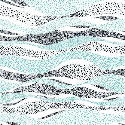 wavy seamless pattern in polka dot style, cute summer sea background, white and blue print for textiles, waves graphic pointillism, vector illustration
