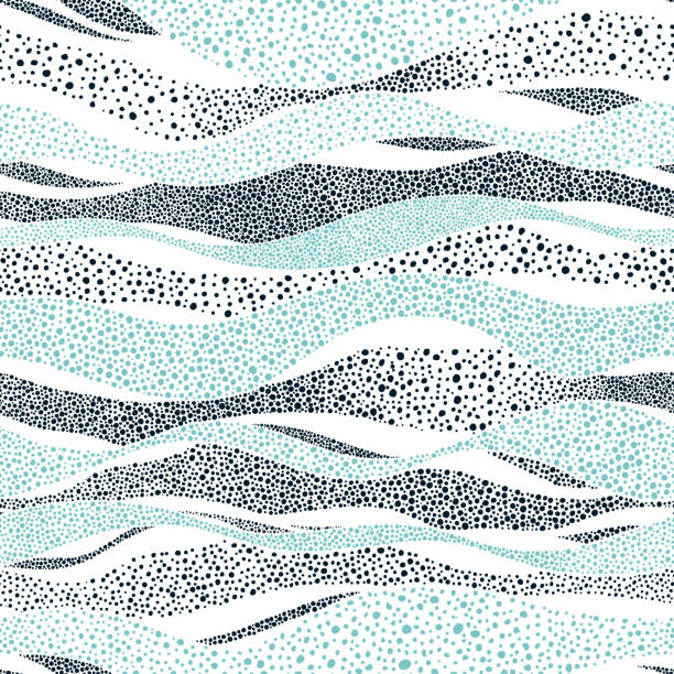 Wavy seamless pattern in polka dot style. wavy seamless pattern in polka dot style, cute summer sea background, white and blue print for textiles, waves graphic pointillism, vector illustration wave water drawings stock illustrations