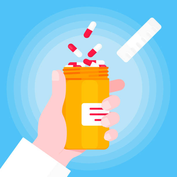 Doctor hand holds pill bottle for capsules or tablets flat style design vector illustration. Medical container jar bottle for pills and medicine treatment isolated on white background. Doctor hand holds pill bottle for capsules or tablets flat style design vector illustration. Medical container jar bottle for pills and medicine treatment isolated on white background. pill organizer stock illustrations