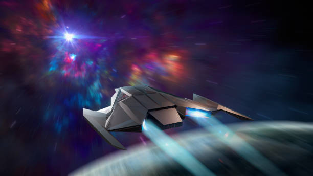 istock Space background. Spaceship fly in hyperspace with colorful nebula and planet. Elements furnished by NASA. 3D rendering 1227503684