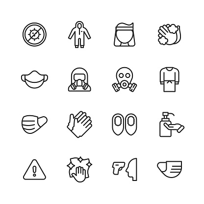 16 Protective Equipment Outline Icons. Stop Virus, Hazmat Suit, Face Mask, Hand Washing, Gas Mask, Surgeon Mask, Latex Gloves, Hand Washing, Antibacterial Fluid, Warning Sign, Cleaning, Thermometer, Temperature Gun, Hand Sanitizer, Person Wearing a Face Mask.