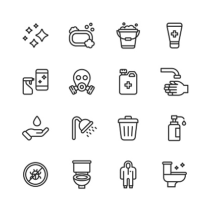 16 Disinfection and Hygiene Outline Icons. Polished Surface, Washing, Cleaning, Antibacterial Fluid, Spray Cleaner, Face Mask, Washing Hands, Shower, Garbage, Toilet, Hazmat Suit.