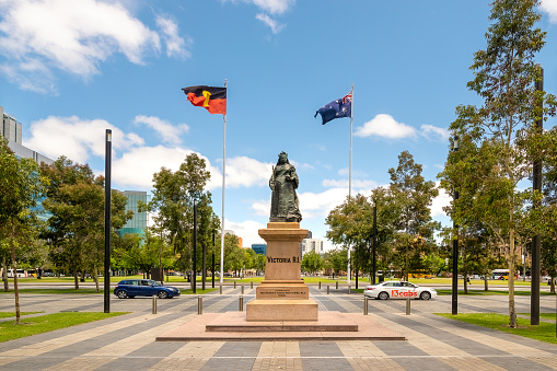 Adelaide, Australia - May 12, 2020 - The Staue of Queen Victoria, Victoria Square, Adelaide, Australia